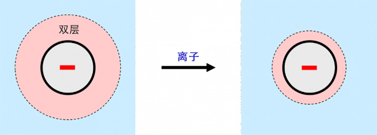 当离子存在时，带电粒子周围的双层收缩