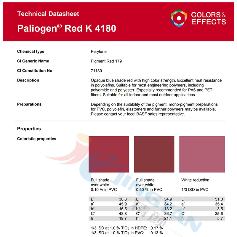 巴斯夫K4180耐高温塑料颜料苝红不透明蓝光红色
-颜料红179